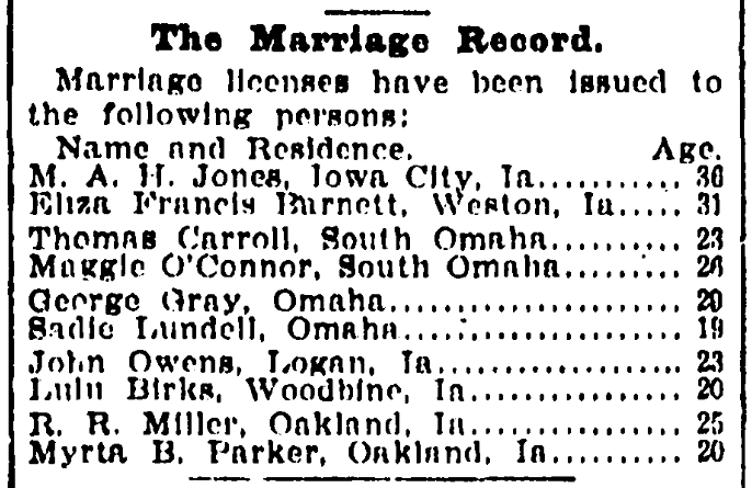 A list of marriage licenses, Omaha World-Herald newspaper article 30 July 1902