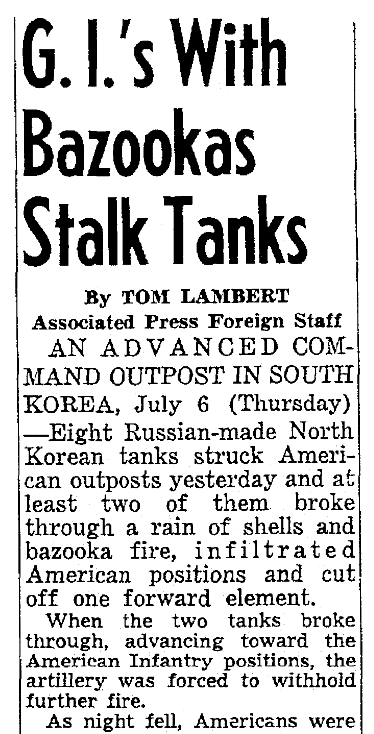 An article about the Battle of Osan during the Korean War, Seattle Daily Times newspaper article 5 July 1950