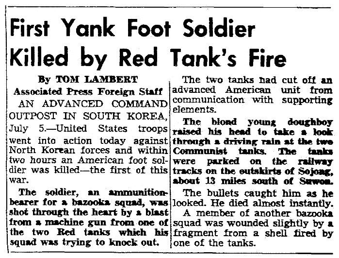 An article about the Battle of Osan during the Korean War, Seattle Daily Times newspaper article 5 July 1950