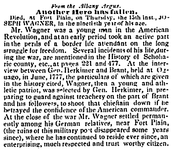 An obituary for Joseph Wagner, Commercial Advertiser newspaper article 31 August 1848