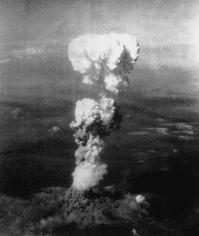 Photo: mushroom cloud after atomic bomb was dropped on Hiroshima, Japan, 6 August 1945