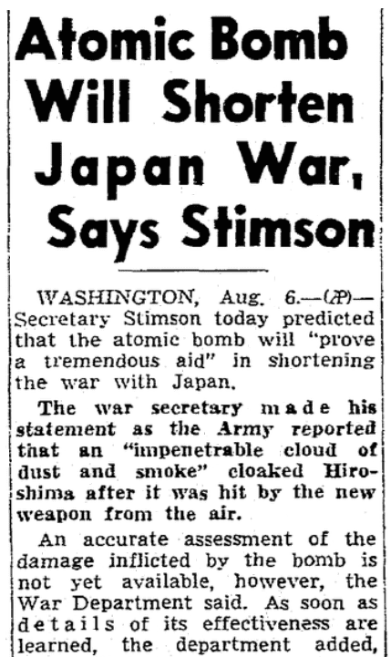 An article about the atomic bombing of Hiroshima, Japan, during WWII, Seattle Daily Times newspaper article 6 August 1945