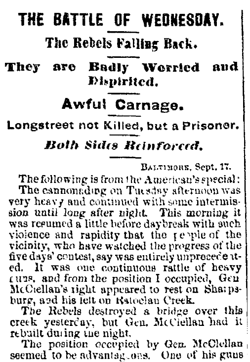 An article about the Civil War's Battle of Antietam, Albany Evening Journal newspaper article 18 September 1862