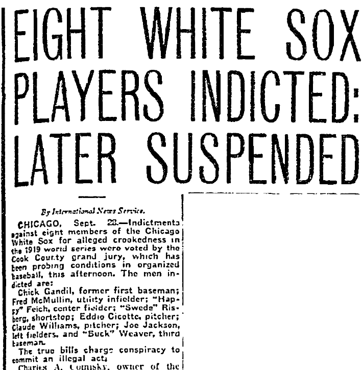 An article about the 1919 World Series Chicago White Sox scandal, Fort Worth Star-Telegram newspaper article 28 September 1920