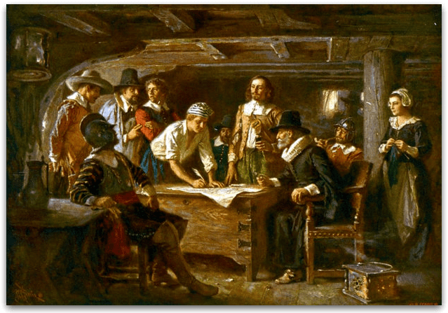 Illustration: “The Mayflower Compact, 1620,” by Jean Leon Gerome Ferris, 1899