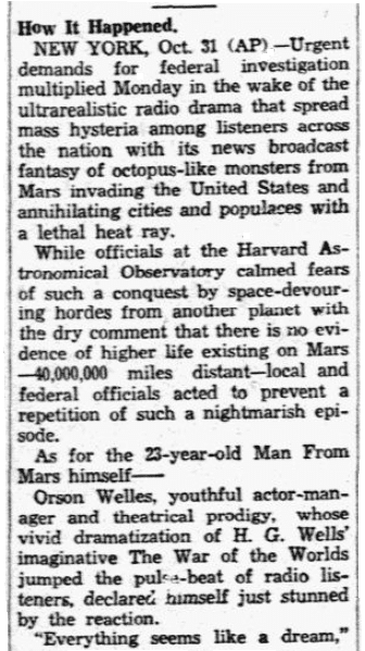 An article about Orson Welles' "War of the Worlds" radio broadcast, Dallas Morning News newspaper article 1 November 1938