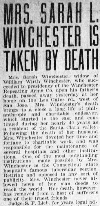 An obituary for Sarah Winchester, Evening News newspaper article 7 September 1922