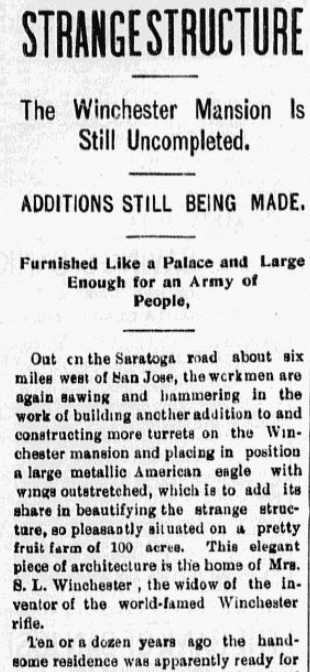 An article about the Winchester Mansion, Evening News newspaper article 9 October 1897