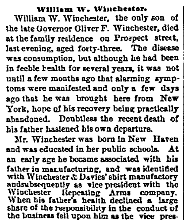 An obituary for William Winchester, New Haven Register newspaper article 8 March 1881
