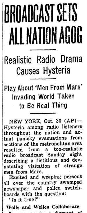 An article about Orson Welles' "War of the Worlds" radio broadcast, Oregonian newspaper article 31 October 1938