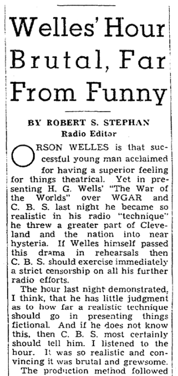 An article about Orson Welles' "War of the Worlds" radio broadcast, Plain Dealer newspaper article 31 October 1938