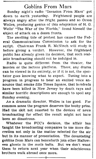 An article about Orson Welles' "War of the Worlds" radio broadcast, Plain Dealer newspaper article 1 November 1938