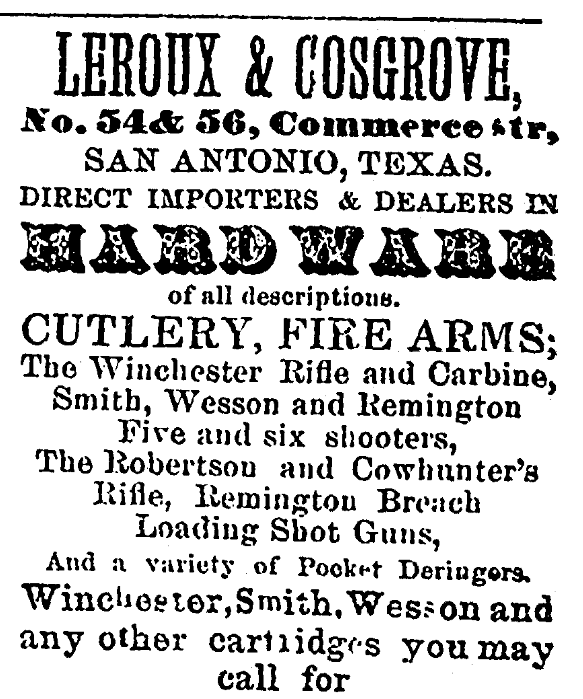 An ad for Winchester rifles, San Antonio Express newspaper advertisement 16 October 1874