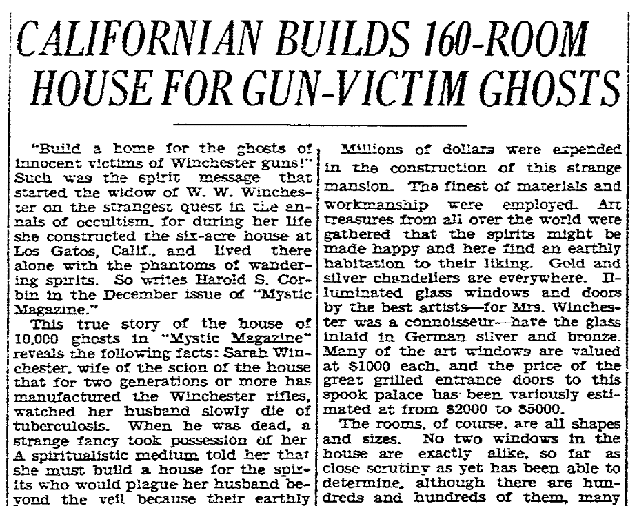 An article about the Winchester Mansion, San Diego Union newspaper article 26 December 1930