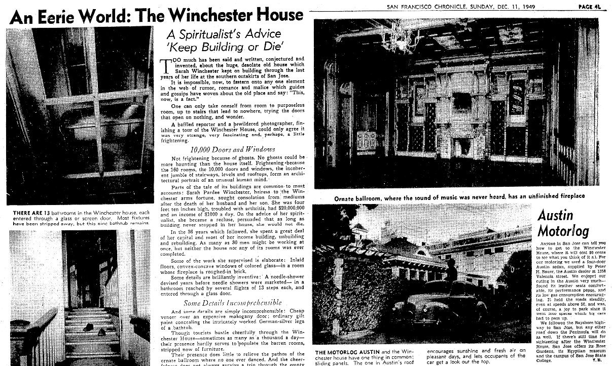 An article about the Winchester Mansion, San Francisco Chronicle newspaper article 11 December 1949