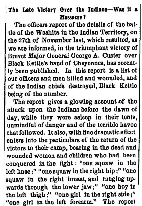 An article about the Battle of Washita River, Daily Albany Argus newspaper article 5 January 1869