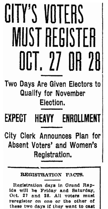 An article about voter registration, Grand Rapids Press newspaper article 26 October 1916