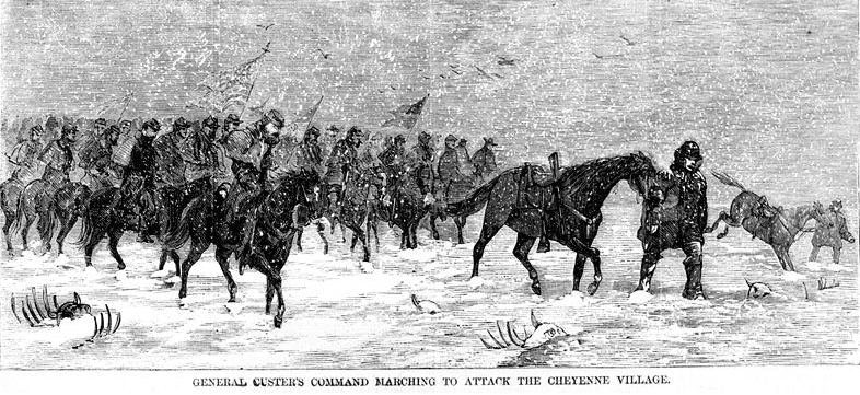 Illustration: “General Custer’s command marching to attack the Cheyenne village,” from Harper's Weekly, 19 December 1868