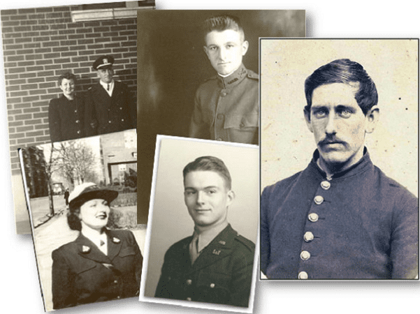 A montage of photos of ancestors in the Kemp family tree who were veterans