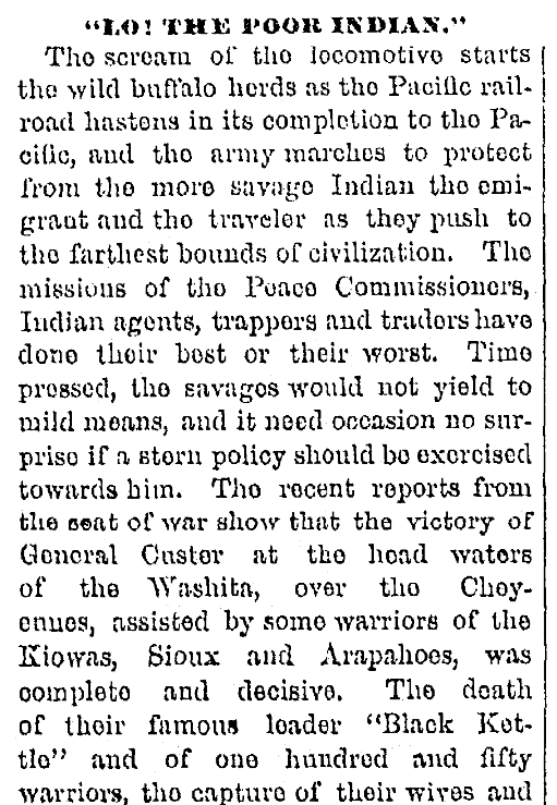 An article about the Battle of Washita River, Patriot newspaper article 5 December 1868