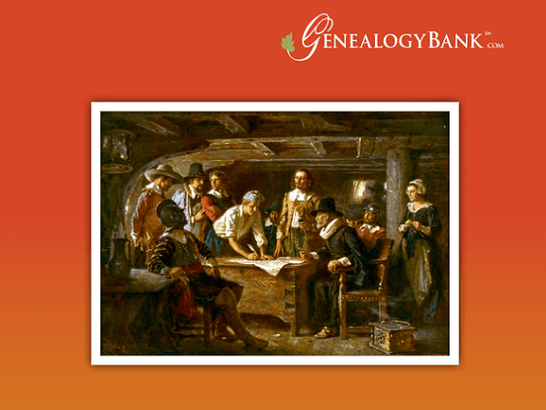 Photo: a close-up of the cover of GenealogyBank's eBook "Mayflower Roll Call"