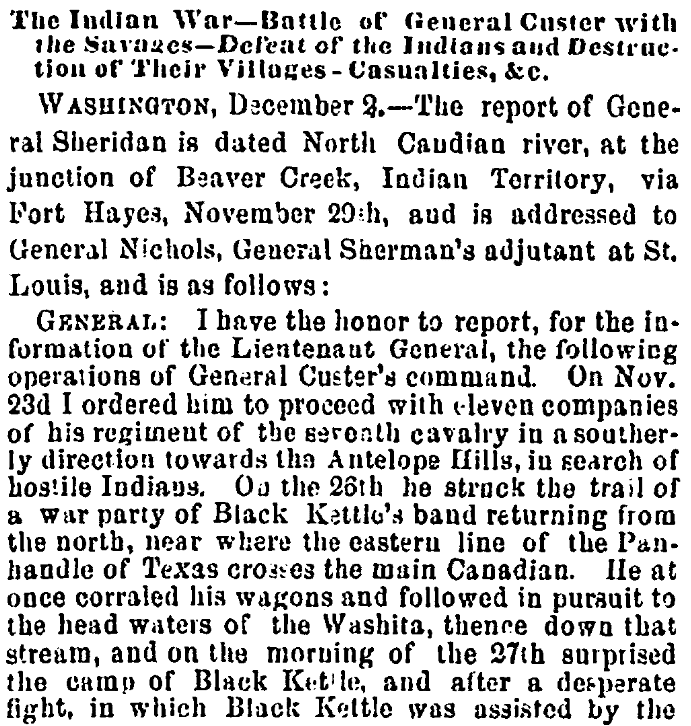 An article about the Battle of Washita River, Richmond Whig newspaper article 4 December 1868