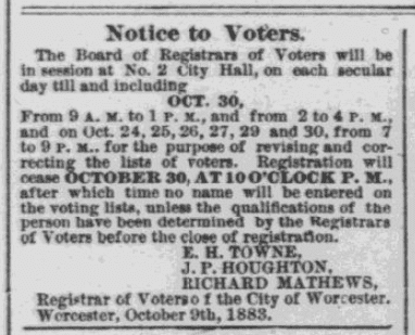 An article about voter registration, Worcester Daily Spy newspaper article 18 October 1883