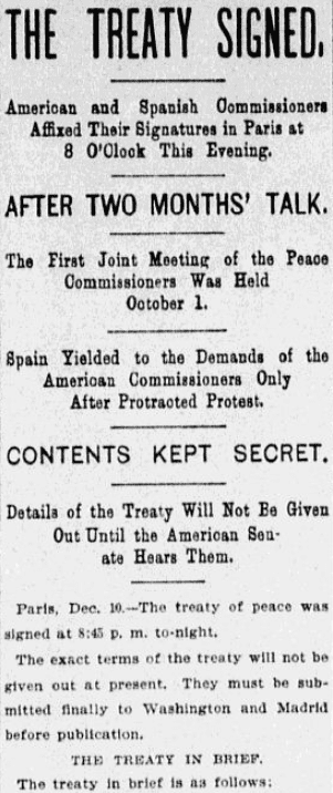 An article about the signing of the Paris Treaty, ending the Spanish-American War, Kansas City Star newspaper article 10 December 1898