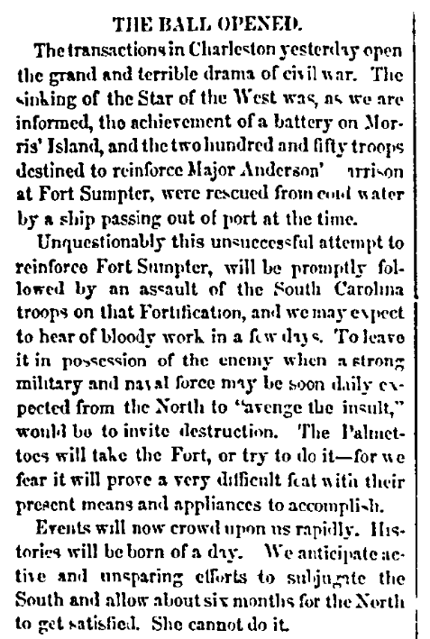An article about the firing upon the ship "Star of the West" by South Carolina militia, Macon Telegraph newspaper article 10 January 1861