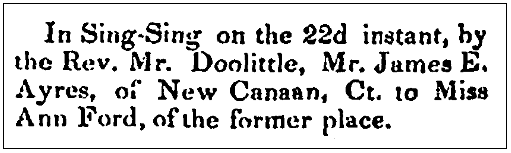 A wedding notice for James Ayres and Ann Ford, Westchester Herald newspaper article 27 October 1840
