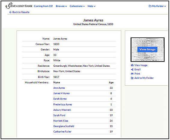 1850 Census listing for James Ayres