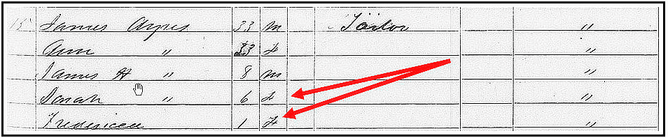 1850 Census listing for the James Ayres family