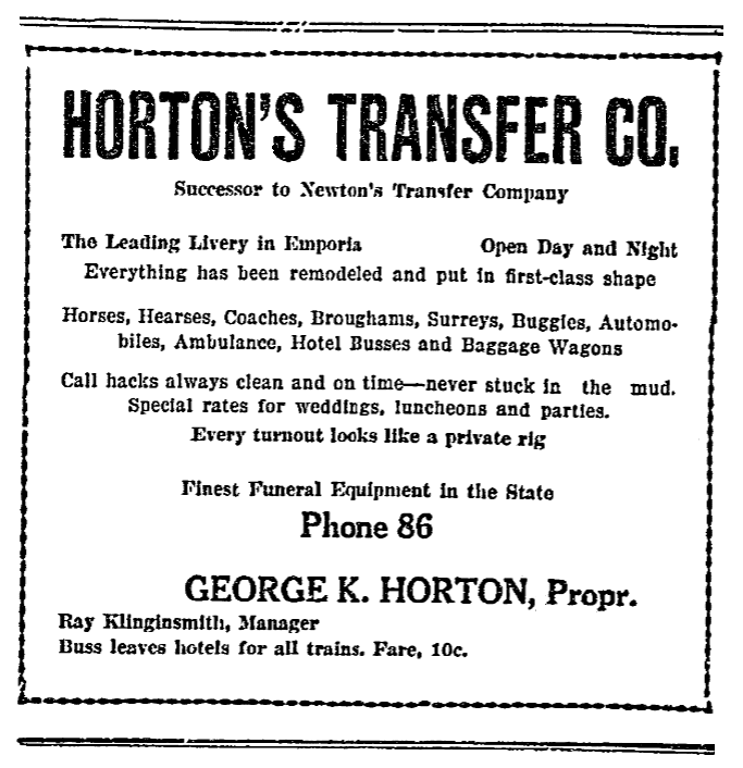 An ad for George Horton's business, Emporia Gazette newspaper advertisement 6 May 1915