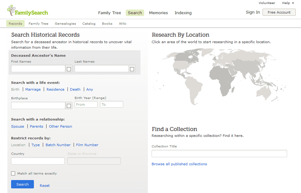 A screenshot of FamilySearch's Catalog page