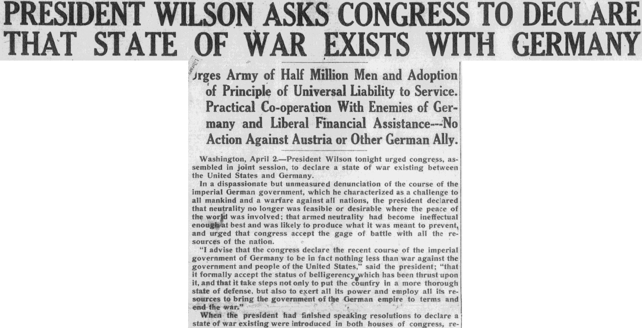 An article about President Woodrow Wilson asking Congress to declare war on Germany, Anaconda Standard newspaper article 3 April 1917