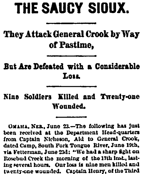 An article about the Battle of the Rosebud, Cincinnati Daily Enquirer newspaper article 24 June 1876