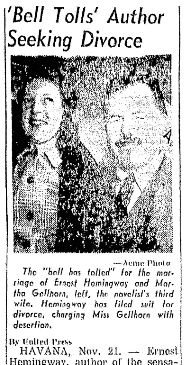 An article about the divorce of Ernest Hemingway and Martha Gellhorn, Knoxville News-Sentinel newspaper article 22 November 1945
