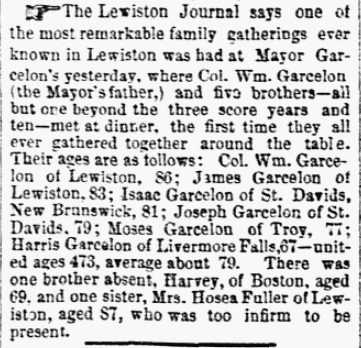 An article about a Garcelon family reunion, Weekly Eastern Argus newspaper article 26 October 1871