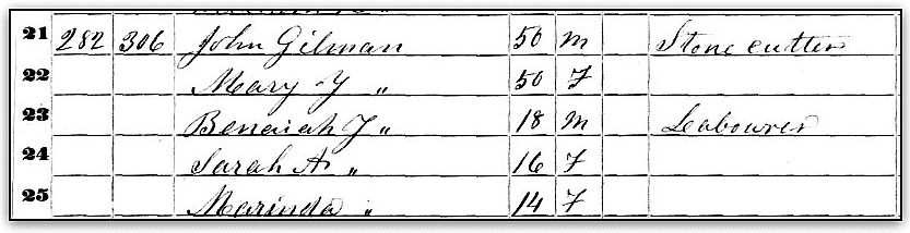 Source: GenealogyBank, “United States Census, 1850,” database with images, GenealogyBank (https://genealogybank.com/#), John Gilman, Gilmanton, Belknap, New Hampshire, United States. (Original index: United States Census, 1850, FamilySearch, 2014.)