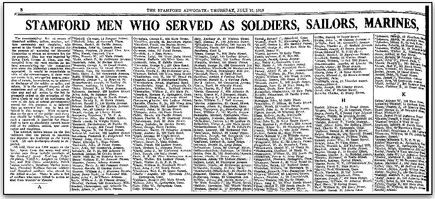 An article about WWI veterans from Stamford, Connecticut, Stamford Advocate newspaper article 17 July 1919
