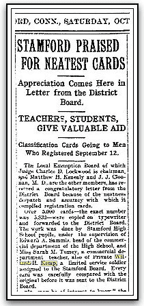 An article about William Kemp, Stamford Advocate newspaper article 26 October 1918