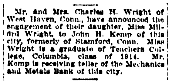 Engagement notice, Sun and New York Press newspaper article 17 February 1918