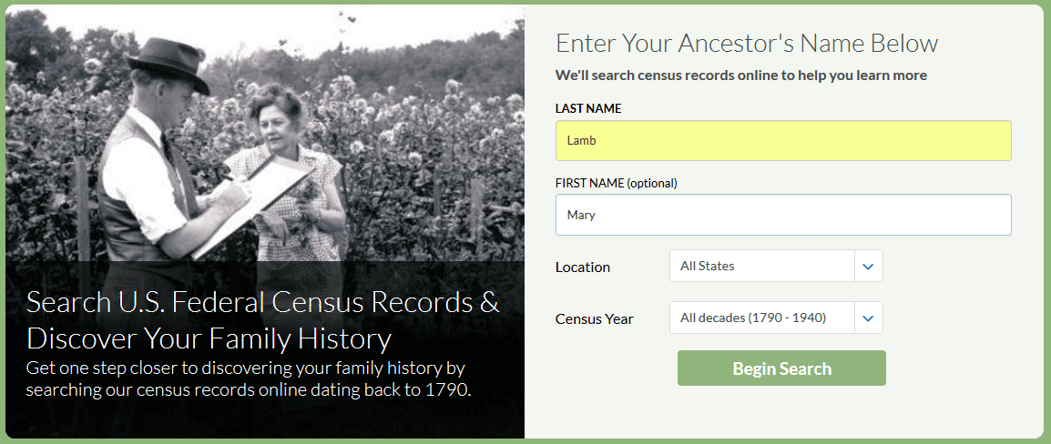 A screenshot of GenealogyBank's search page looking for "Mary Lamb" in the U.S. Federal Census