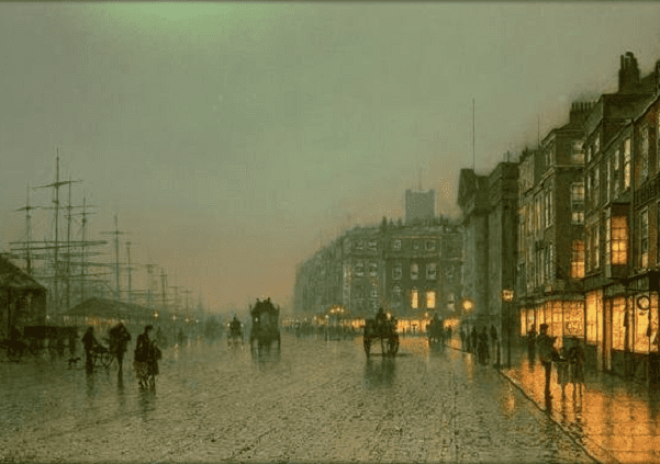 Painting: Liverpool Docks from Wapping, 1870, by John Atkinson Grimshaw (1836-1893). The original is at the Liverpool City Library, Liverpool, England.