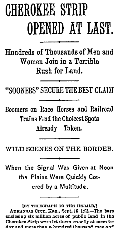An article about the Oklahoma Land Rush, New York Herald newspaper article 17 September 1893