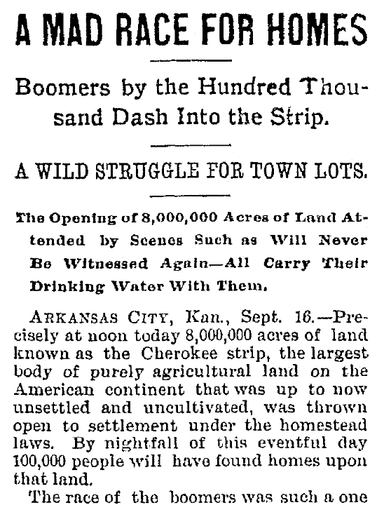 An article about the Oklahoma Land Rush, Trenton Evening Times newspaper article 16 September 1893