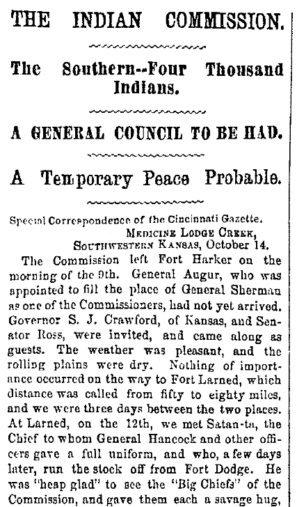 An article about the Medicine Lodge treaty, Cincinnati Daily Gazette newspaper article 21 October 1867