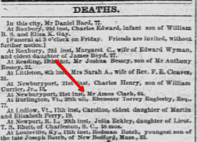 Obituaries, Daily Atlas newspaper article 24 March 1854