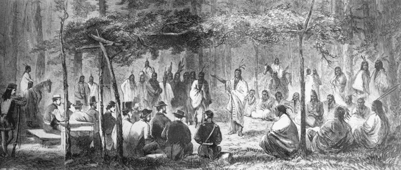 Illustration: council at Medicine Lodge Creek. This drawing by J. Howland, originally printed in Harper’s Weekly, depicts the council between representatives of the U.S. government and the Kiowa and Comanche tribes at Medicine Creek Lodge, Kansas, in October 1867