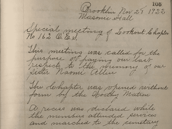 Photo: detail of one of the pages from the meeting ledger of the Lookout Chapter of the Order of the Eastern Star, 1920-1933. Credit: Gena Philibert-Ortega.